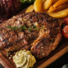 Côte de boeuf cuite accompagnée de pommes frites